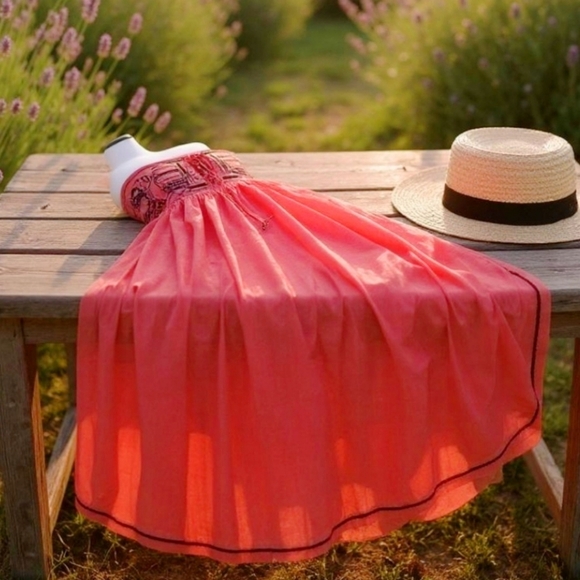 Esley ✦ Coral Strapless Midi Dress ✦ Embroidered w/ Lace-Up Bust & Boho Hem Sz S - Picture 4 of 13